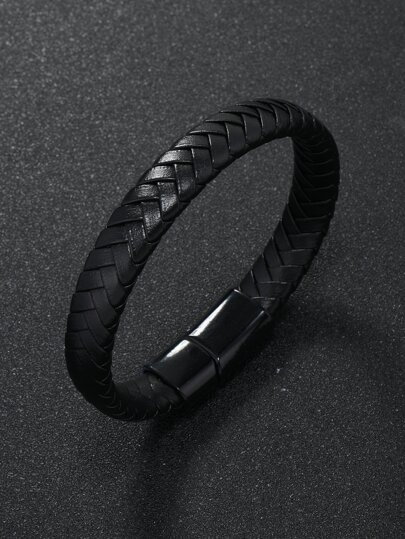 1pc Men's Fashion Jewelry Simple Braided Leather Bracelet With Magnetic Buckle, PU Leather Cord Wristband Accessory Suitable For Daily Wear