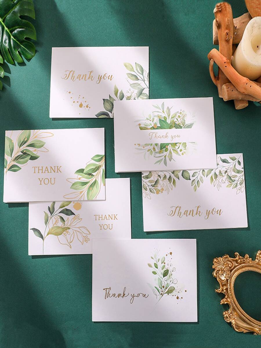 6入組金色綠葉感謝卡與信封，適用於婚禮感謝卡、新娘派對、生日派對、同學聚會等 - 白色 - 查看 1