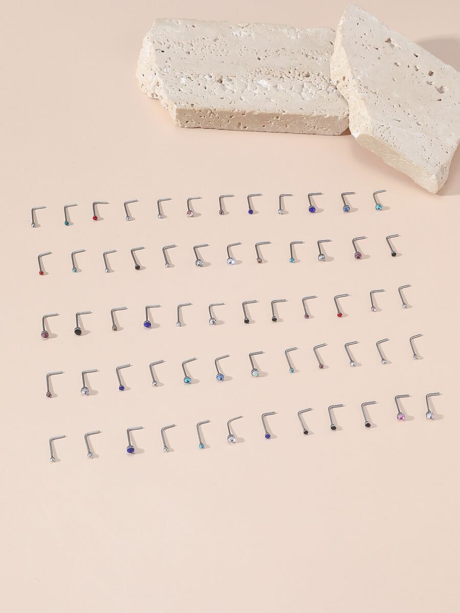 60 piezas Surtido de tallas Tachuelas de nariz de acero inoxidable con rhinestones - Multicolor - Ver 1