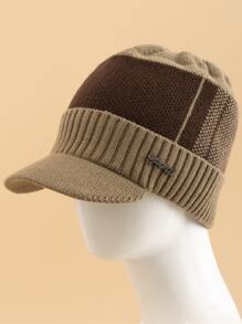 JZML 1只男式針織運動鴨舌帽，帽沿鑲嵌刺繡標誌，毛絨內裡，波西米亞風格 - 卡其色 - 查看 2