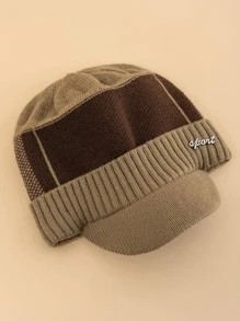 JZML 1只男式針織運動鴨舌帽，帽沿鑲嵌刺繡標誌，毛絨內裡，波西米亞風格 - 卡其色 - 查看 3