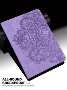 GLANDOTU 平板電腦外殼與三星兼容iPad聯想米平板PU皮革對開本可折疊多角度支架皮夾翻動殼套帶插卡槽筆夾,孔雀花紫色 - 紫色 - 查看 4