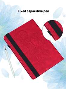 平板電腦外殼與三星兼容iPad聯想米平板PU皮革對開本可折疊多角度支架皮夾翻動殼套帶插卡槽筆夾,孔雀花紅色 - 紅色 - 查看 3