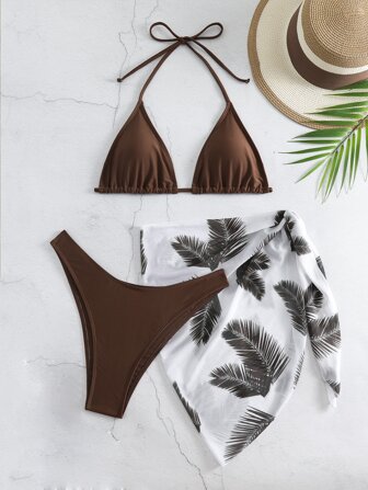 Plain Halter Triangle Bra & Swim Bottom Bikini Set With Tropical Print Beach Cover Up Skirt Bathing Suit For Summer Beach