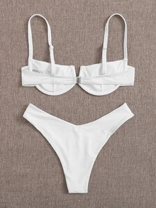 素色帶鋼圈比基尼泳裝