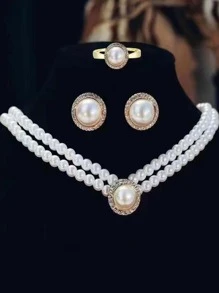 4入組奢華時尚甜美l型仿珍珠吊墜項鍊耳環戒指,女士宴會婚禮珠寶配件,友情紀念禮物 - 金黃色 - 查看 1