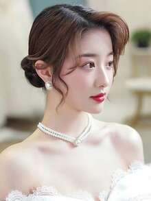 4入組奢華時尚甜美l型仿珍珠吊墜項鍊耳環戒指,女士宴會婚禮珠寶配件,友情紀念禮物 - 金黃色 - 查看 3