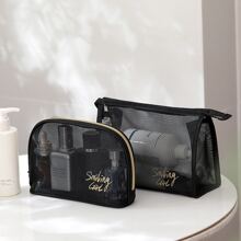 網眼扁平化妝包，黑色化妝包收納化妝品組織箱 - 黑色 - 查看 9