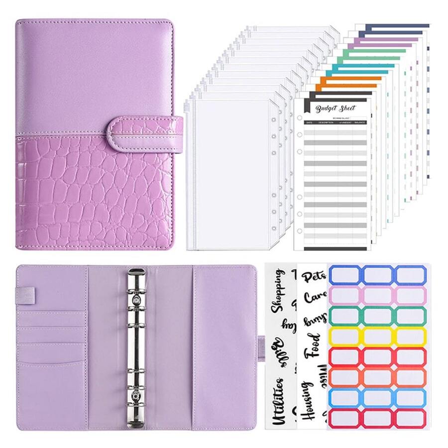1套a6紫色鱷魚紋面光澤蓋式活頁夾,附有12個拉鍊袋,12張預算卡,3張貼紙,1個收據夾,由pu皮革製成,6孔活頁筆記本,適用於現金預算 - 紫色 - 查看 1