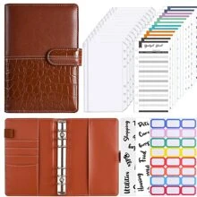 1套a6紫色鱷魚紋面光澤蓋式活頁夾,附有12個拉鍊袋,12張預算卡,3張貼紙,1個收據夾,由pu皮革製成,6孔活頁筆記本,適用於現金預算 - 紫色 - 查看 3