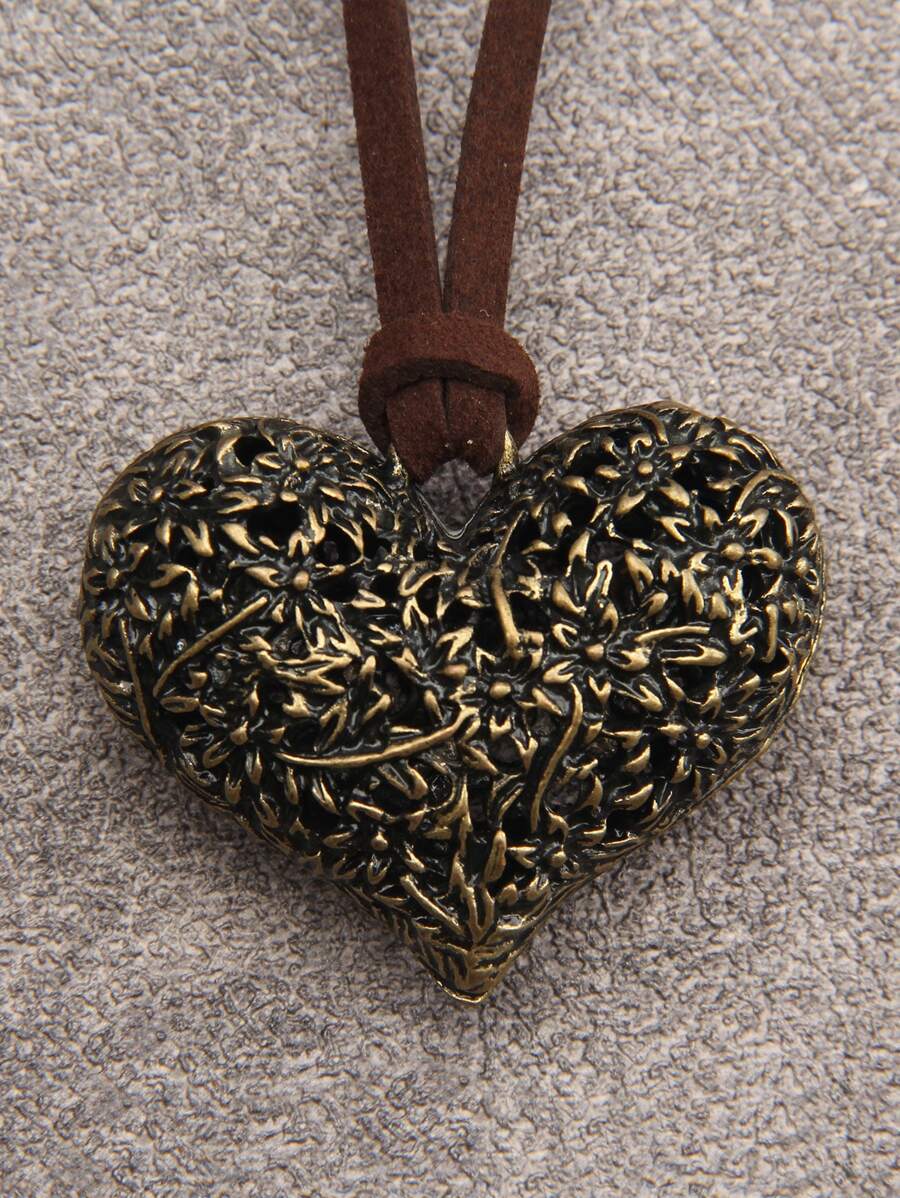 1pc Hollow Out Flower & Leaf & Heart Shape Pendant Necklace For Women, Vintage Long Chain Valentines,Mom,Mother,Mother's Day,Gift