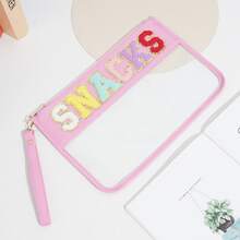 1pc Embroidered Letter Transparent Shopping Snack Bag, Waterproof Cosmetic Pouch - Pink - View 3