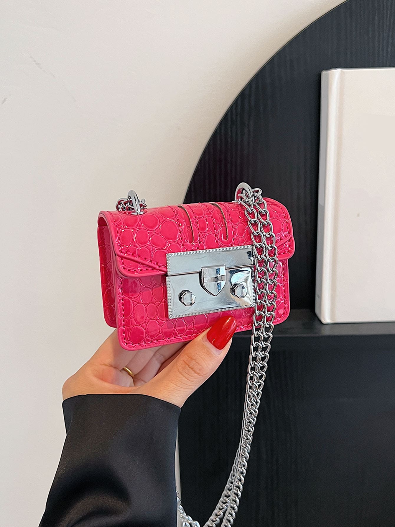 迷你時尚單肩包帶金屬鏈 - 玫紅色 - 查看 1