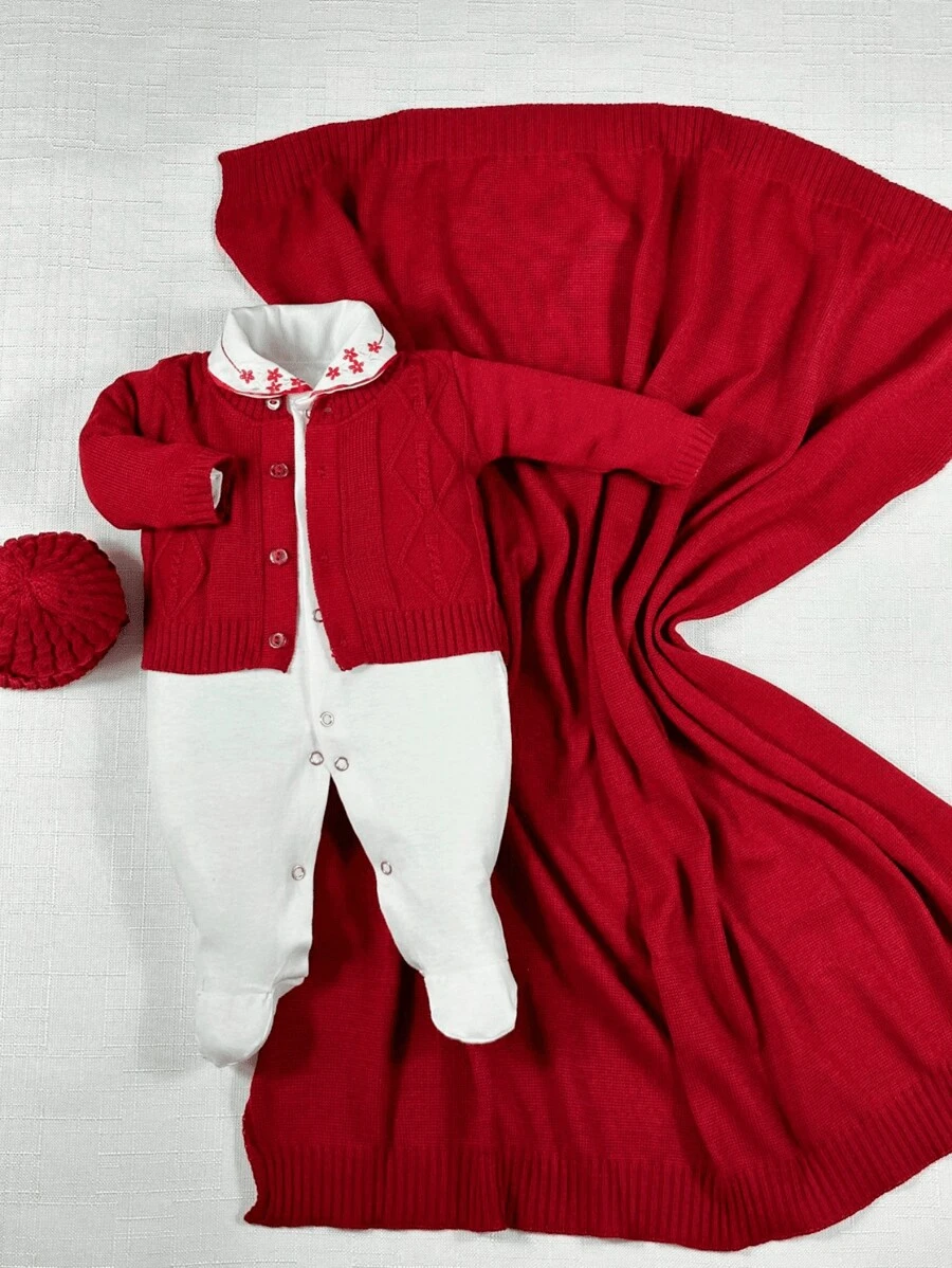 Saida Maternidade Menina Bebe Macacao Tricot - Vermelho - Visão 1