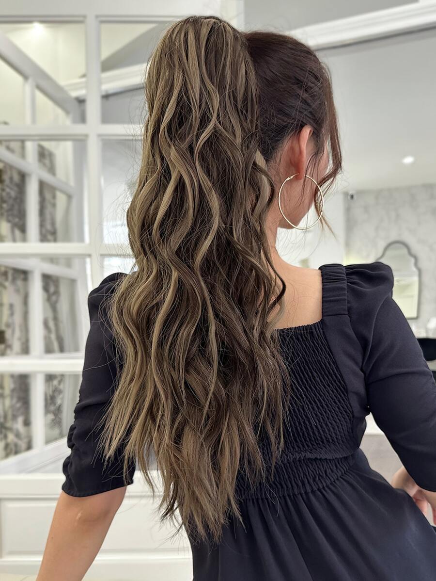 馬尾辮延長辮抽繩夾片接髮24英寸長款自然波浪合成纖維假髮片 - 彩色 - 查看 1