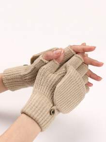 1 双纯色条纹休闲学院风亚克力提花翻盖露指手套，时尚保暖，适合秋冬季骑行、写作、办公室工作、针织袖套 - 杏色 - 查看 3