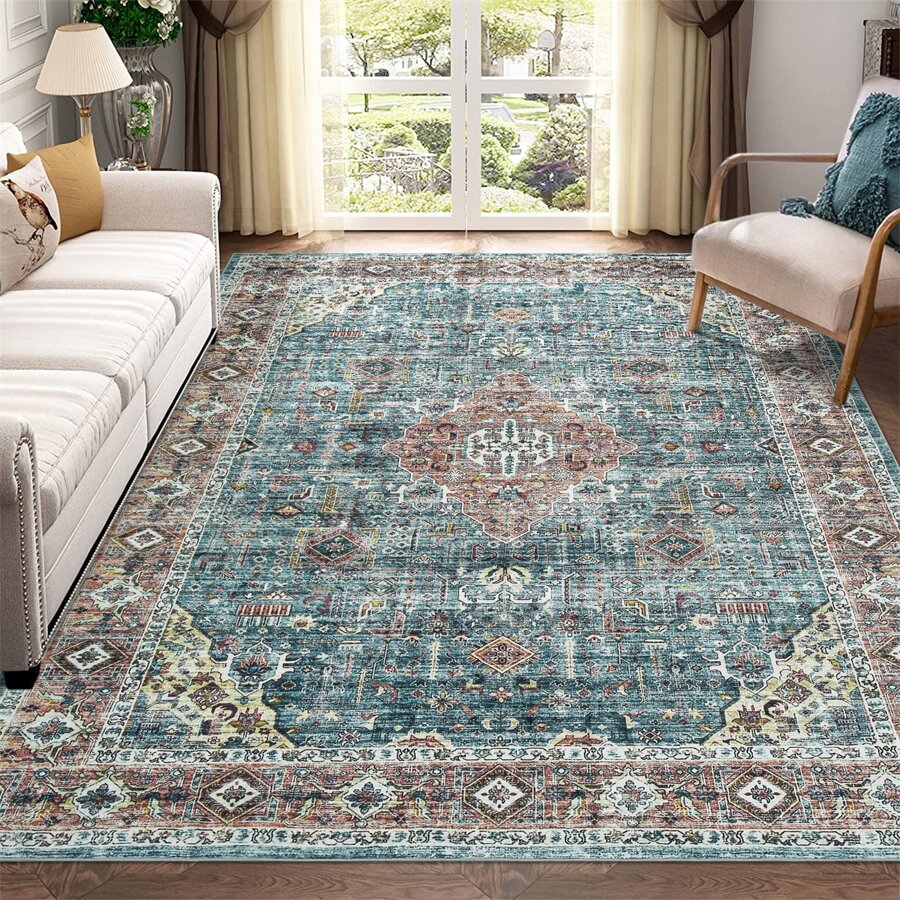 Area Rug Vintage Rug Soft Distressed Rug Machine Washable Bedroom Living Room Carpet Floral Print Throw Rug Large Foldable Mat Thin Rug For Dining Room Nursery Small Indoor Door Mat Non Slip Hallway Runner For Bathroom Laundry , Green - màu xanh lá - Xem 1