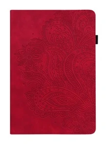 平板電腦外殼與三星兼容iPad聯想米平板PU皮革對開本可折疊多角度支架皮夾翻動殼套帶插卡槽筆夾,孔雀花紅色 - 紅色 - 查看 6