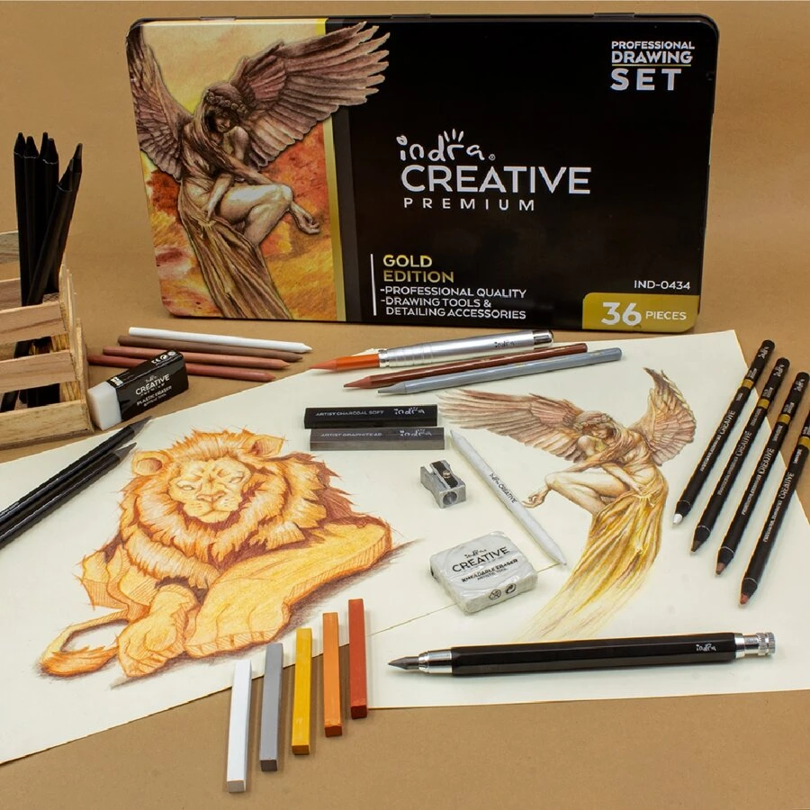 INDRA marca Kit de dibujo creativo profesional de 36 piezas, materiales de pintura al óleo profesional para estudiantes de arte, regalo