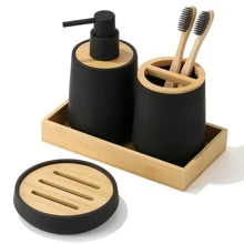 4pcs/set Black Bathroom Accessories Set Including Soap Dispenser, Toothbrush Holder, Tray And Soap Dish - Black - View 1