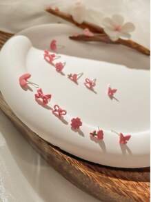 1set 12pcs Simple & Versatile Gentle Pink Flower & Butterfly Small Stud Earrings Set Valentines - Pink - View 3