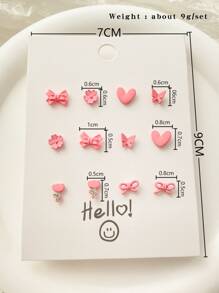 1set 12pcs Simple & Versatile Gentle Pink Flower & Butterfly Small Stud Earrings Set Valentines - Pink - View 5