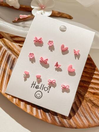 1set 12pcs Simple & Versatile Gentle Pink Flower & Butterfly Small Stud Earrings Set Valentines
