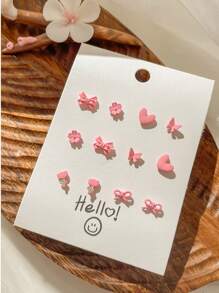1set 12pcs Simple & Versatile Gentle Pink Flower & Butterfly Small Stud Earrings Set Valentines - Pink - View 4