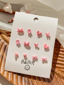 1set 12pcs Simple & Versatile Gentle Pink Flower & Butterfly Small Stud Earrings Set Valentines - Pink - View 6