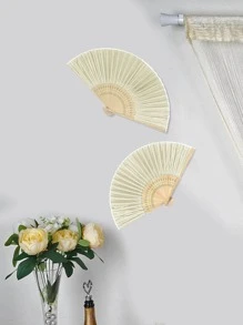 10/5/2/1pc Silk Hand Fan, Decorative Plain Fabric Fan, Wedding Gift, Folding Bamboo Fan, DIY Desktop Hanging Decor - Beige - View 2