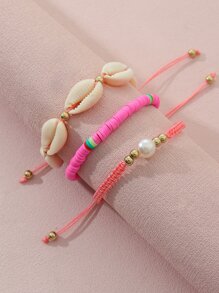 3入組波希米亞風貝殼假珍珠伸縮女士海灘手鍊 - 粉色 - 查看 5