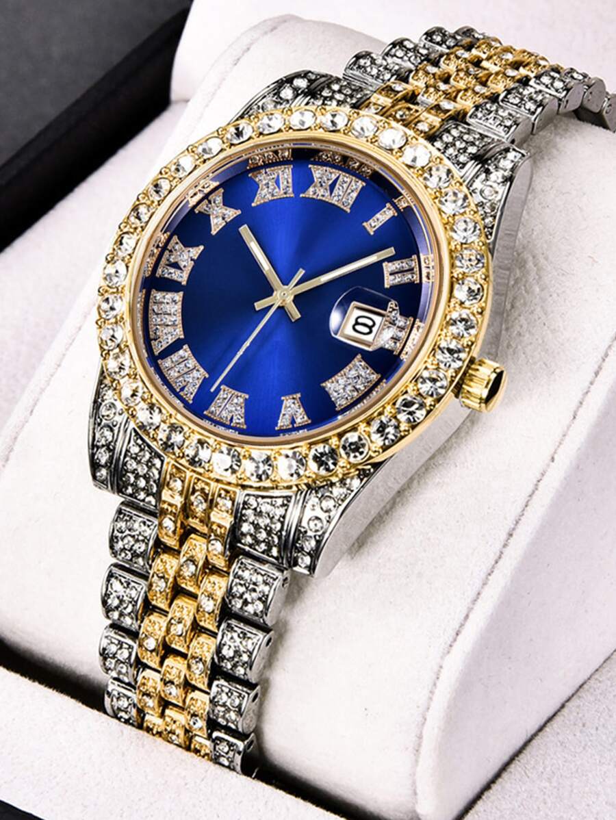1pc Men's Minimalist Business Roman Numeral Dial Full Rhinestone Steel Band Quartz Watch, Suitable For Daily Matching, Birthday, Gift For Men, Anniversary, Singles' Day, Halloween Promotion, No Gift Box - Blue - View 1