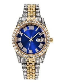 1pc Men's Minimalist Business Roman Numeral Dial Full Rhinestone Steel Band Quartz Watch, Suitable For Daily Matching, Birthday, Gift For Men, Anniversary, Singles' Day, Halloween Promotion, No Gift Box - Blue - View 2