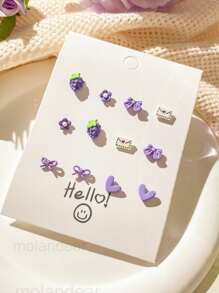 1set/12pcs Purple Grape Fruit Shaped Small Stud Earrings, Suitable For Daily Wear And Sleeping, Sweet And Lovely Ear Accessory For Girls