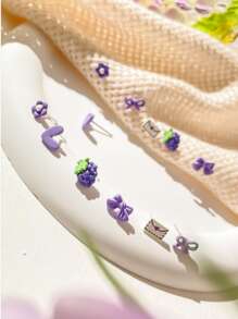 1set/12pcs Purple Grape Fruit Shaped Small Stud Earrings, Suitable For Daily Wear And Sleeping, Sweet And Lovely Ear Accessory For Girls