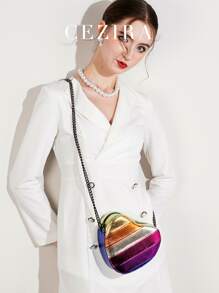 CEZIRA輕便商務休閒蝴蝶結形錢包，對比色條紋圖案女士PU皮肩背袋長鏈十字包手提包，適用於青少年女孩、女大學生，新手和白領人士，適用於辦公室、大學、工作、商務、通勤、戶外、旅行和外出等場合 - 彩色 - 查看 6