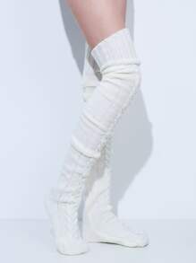 1pair Thick Warm Knitted Wool Socks For Women, Over The Knee Style, Autumn & Winter - White - View 3
