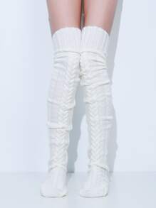 1pair Thick Warm Knitted Wool Socks For Women, Over The Knee Style, Autumn & Winter - White - View 2