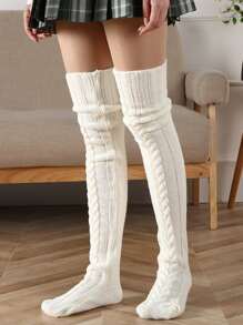 1pair Thick Warm Knitted Wool Socks For Women, Over The Knee Style, Autumn & Winter - White - View 1