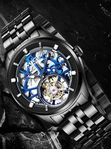 1pc Black Stainless Steel Strap Fashionable Tourbillon Water Resistant Hollow Out Round Dial Mechanical Watch, For Daily Decoration - Black - View 1