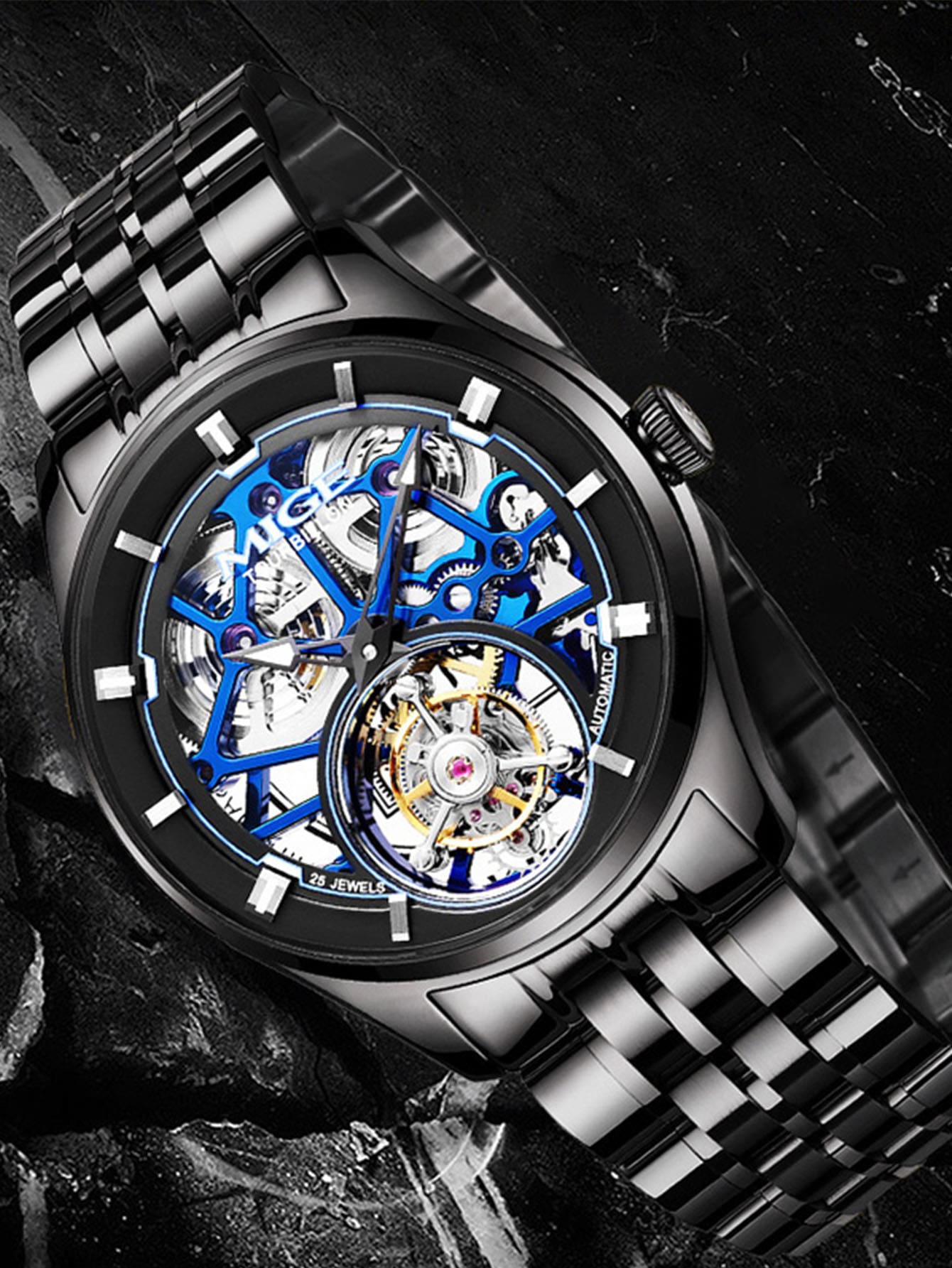 1pc Black Stainless Steel Strap Fashionable Tourbillon Water Resistant Hollow Out Round Dial Mechanical Watch, For Daily Decoration - Black - View 1