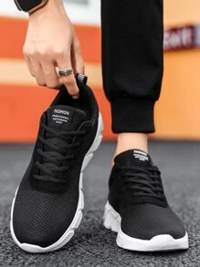 Mùa hè Nhẹ Thoáng khí Dệt kim Lưới Giày thể thao Tối giản Thiết kế Giải trí Nam Giày Chạy bộ - Đen và trắng - Xem 8