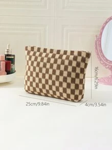 Dệt kim Nâu Checkered Dung lượng lớn Không thấm nước Lục giác Túi mỹ phẩm - màu nâu - Xem 6