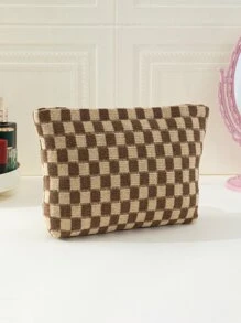 Dệt kim Nâu Checkered Dung lượng lớn Không thấm nước Lục giác Túi mỹ phẩm - màu nâu - Xem 2