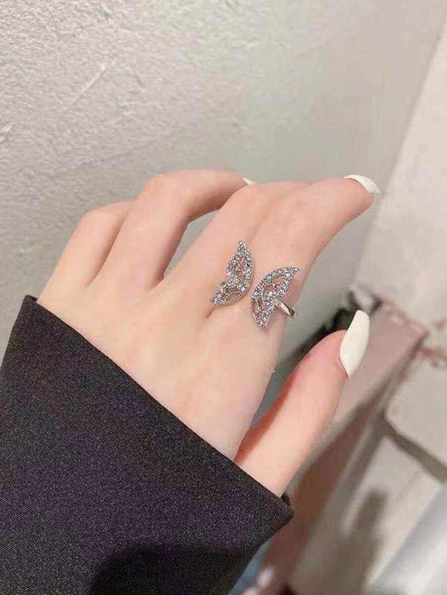 1pc Stunning Cubic Zirconia Hollow Out Butterfly Shaped Open Ring, Silver Color - Silver - View 1