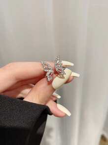 1pc Stunning Cubic Zirconia Hollow Out Butterfly Shaped Open Ring, Silver Color - Silver - View 2