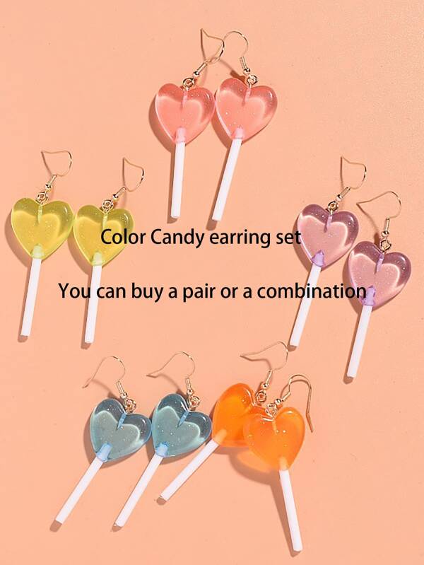 10pcs/Set Summer Resort Style Orange Earrings, Creative 3D Resin Heart & Lollipop Design Earrings, Sweet Earrings Set As Gift For Best Friend