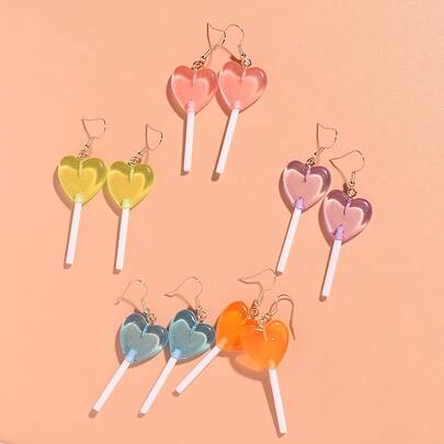 10pcs/Set Summer Vacation Style Orange Earrings, Personalized Sweet Creative 3D Resin Lollipop & Heart Earrings, Gift For Girlfriend