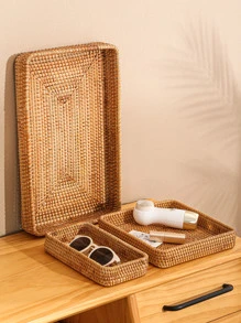 1pc New Wicker Handwoven Storage Basket, Square Creative Organizer Bin For Living Room Tabletop, Kitchen Decor, Ideal For Snacks, Fruits, Suitable For Outdoor, Party, Home, Kitchen, Party, Gift - Brown - View 12