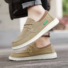 男士流行一腳蹬鞋帶卡其色字母貼布和帆布材料 - 卡其色 - 查看 4